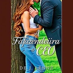 A captivating book cover for a romance novel titled "A Fazendeira e o CEO" featuring a beautiful young woman wearing jeans and having long hair that cascades down to her waist, with a curvy figure