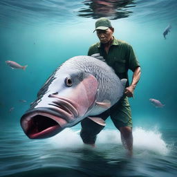 A hyper-realistic scene illustrating a fisherman in the middle of the sea, ensnared in a battle of wits and strength with a massive arapaima fish