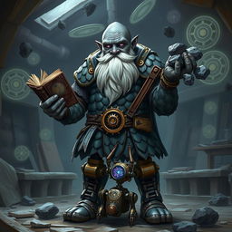 A stout and proud very dark grey-skinned dwarf warrior mage D&D character, featuring a distinctive white beard resembling rat whiskers and glowing purple eyes