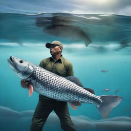 A hyper-realistic scene illustrating a fisherman in the middle of the sea, ensnared in a battle of wits and strength with a massive arapaima fish