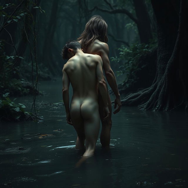 In a shadowy, dark swamp, a nude short young man leans his buttocks into the nude form of a tall, emaciated man with long hair and a beard