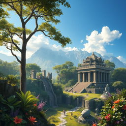 In an ancient realm where the world is in perfect balance and harmony, showcasing lush landscapes filled with vibrant flora and fauna, serene blue skies, and majestic mountains in the background