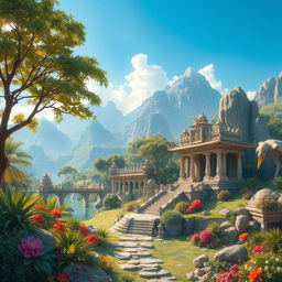 In an ancient realm where the world is in perfect balance and harmony, showcasing lush landscapes filled with vibrant flora and fauna, serene blue skies, and majestic mountains in the background