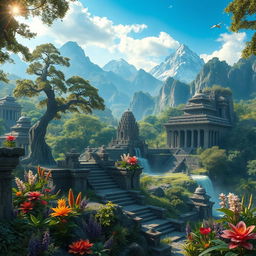 In an ancient realm where the world is in perfect balance and harmony, showcasing lush landscapes filled with vibrant flora and fauna, serene blue skies, and majestic mountains in the background