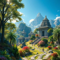 In an ancient realm where the world is in perfect balance and harmony, showcasing lush landscapes filled with vibrant flora and fauna, serene blue skies, and majestic mountains in the background