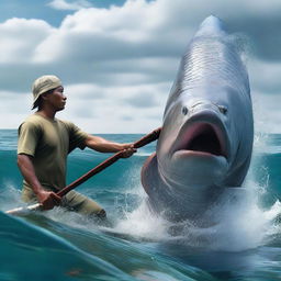 A hyper-realistic scene illustrating a fisherman in the middle of the sea, ensnared in a battle of wits and strength with a massive arapaima fish