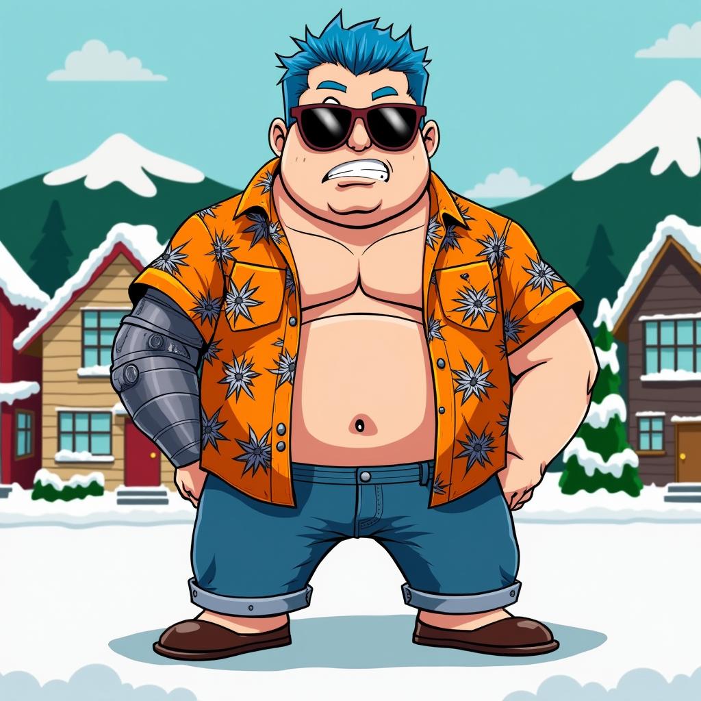 A South Park-style cartoon character inspired by Frankie from One Piece, reimagined with a muscular physique while maintaining the exaggerated South Park proportions