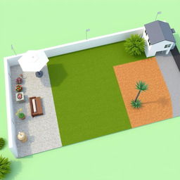 3D rendering of a large rectangular garden design featuring a central grassy area