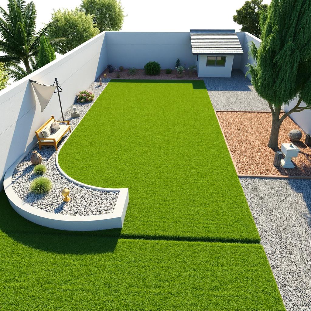 3D rendering of a large rectangular garden design featuring a central grassy area