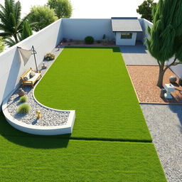 3D rendering of a large rectangular garden design featuring a central grassy area