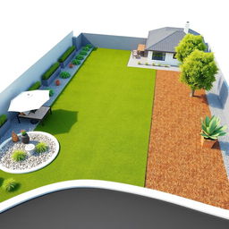 3D rendering of a large rectangular garden design featuring a central grassy area