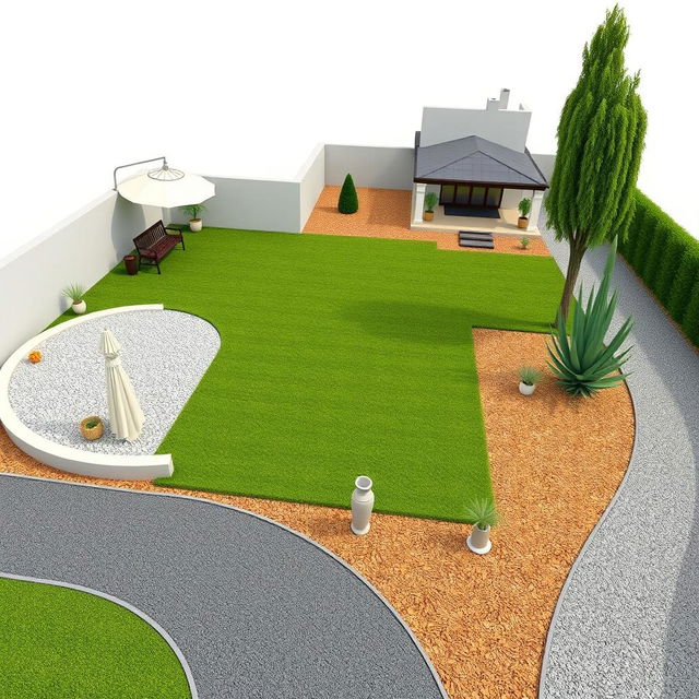 3D rendering of a large rectangular garden design featuring a central grassy area