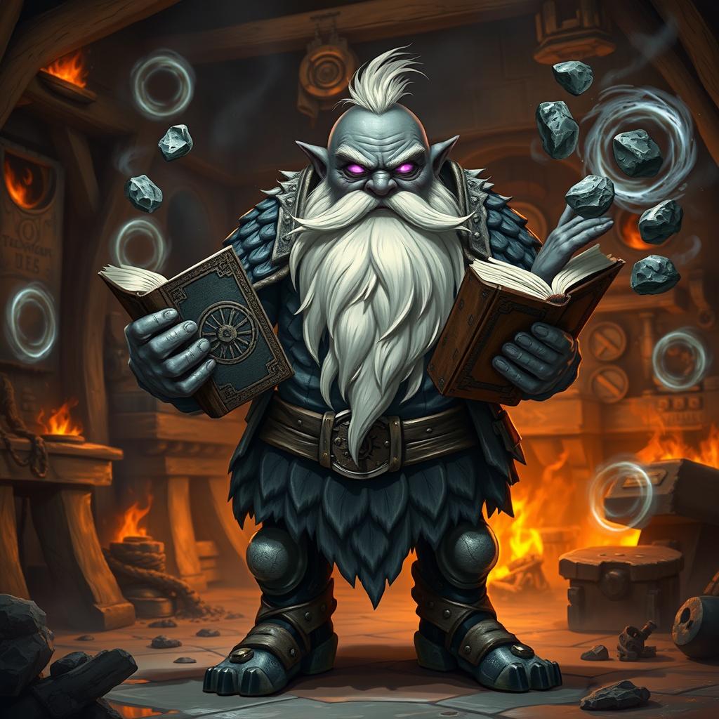 A stout and proud very dark grey-skinned dwarf warrior mage D&D character, featuring a distinctive white beard resembling rat whiskers and glowing purple eyes