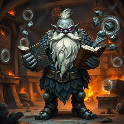 A stout and proud very dark grey-skinned dwarf warrior mage D&D character, featuring a distinctive white beard resembling rat whiskers and glowing purple eyes