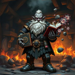 A stout and proud very dark grey-skinned dwarf warrior mage D&D character, featuring a distinctive white beard resembling rat whiskers and glowing purple eyes