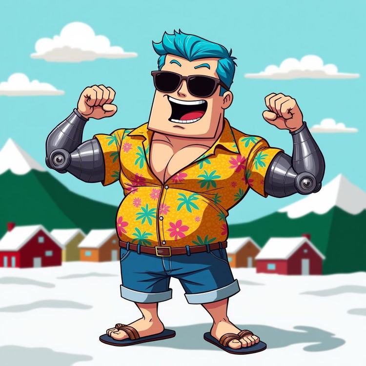 A South Park-style cartoon character inspired by Frankie from One Piece, depicted with a muscular yet cartoonishly exaggerated physique, featuring a large square head synonymous with South Park