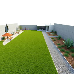 3D abstract rendering of a large rectangular garden design featuring a central grassy area