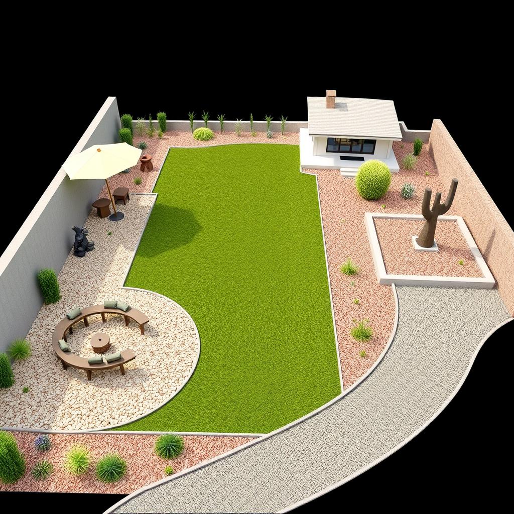 3D abstract rendering of a large rectangular garden design featuring a central grassy area