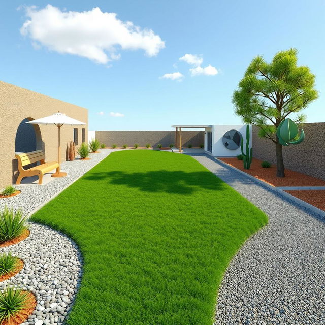 3D abstract rendering of a large rectangular garden design featuring a central grassy area