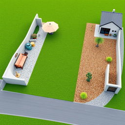 3D abstract rendering of a large rectangular garden design featuring a central grassy area