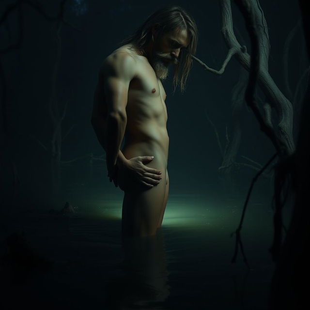 In a dimly lit and atmospheric dark swamp, a nude short young man leans his buttocks into the crotch of a nude tall, emaciated man with long hair and a beard