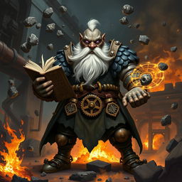 A stout and proud very dark grey-skinned dwarf warrior mage D&D character, featuring a distinctive white beard resembling rat whiskers and glowing purple eyes