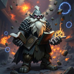 A stout and proud very dark grey-skinned dwarf warrior mage D&D character, featuring a distinctive white beard resembling rat whiskers and glowing purple eyes