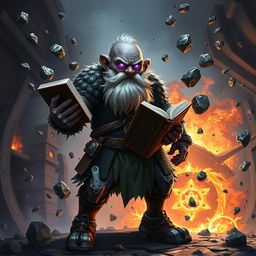A stout and proud very dark grey-skinned dwarf warrior mage D&D character, featuring a distinctive white beard resembling rat whiskers and glowing purple eyes