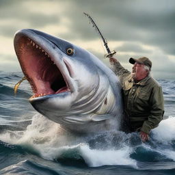 A fisherman in an intense, hyper-realistic struggle with a colossal predatory fish, the hook and line stretching to their limit amidst churning sea