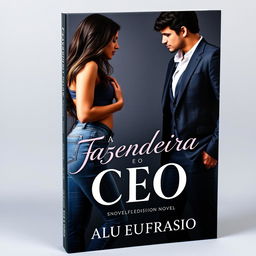 A captivating book cover for an ecromance novel titled 'A Fazendeira e o CEO', featuring a beautiful young woman wearing jeans with long hair cascading down to her waist, showcasing her curvy figure