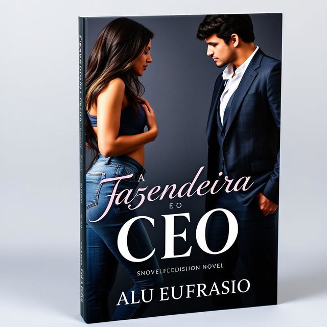 A captivating book cover for an ecromance novel titled 'A Fazendeira e o CEO', featuring a beautiful young woman wearing jeans with long hair cascading down to her waist, showcasing her curvy figure