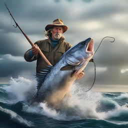 A fisherman in an intense, hyper-realistic struggle with a colossal predatory fish, the hook and line stretching to their limit amidst churning sea