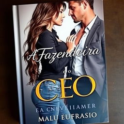 A captivating book cover for an ecromance novel titled 'A Fazendeira e o CEO', featuring a beautiful young woman wearing jeans with long hair cascading down to her waist, showcasing her curvy figure