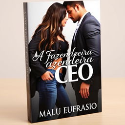 A captivating book cover for an ecromance novel titled 'A Fazendeira e o CEO', featuring a beautiful young woman wearing jeans with long hair cascading down to her waist, showcasing her curvy figure