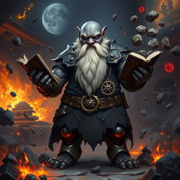 A stout and proud very dark grey-skinned dwarf warrior mage D&D character, characterized by a distinctive white beard resembling rat whiskers and glowing purple eyes