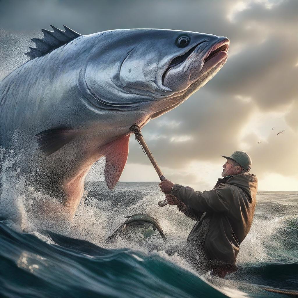 A fisherman in an intense, hyper-realistic struggle with a colossal predatory fish, the hook and line stretching to their limit amidst churning sea