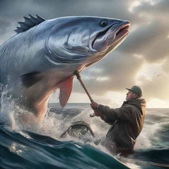 A fisherman in an intense, hyper-realistic struggle with a colossal predatory fish, the hook and line stretching to their limit amidst churning sea