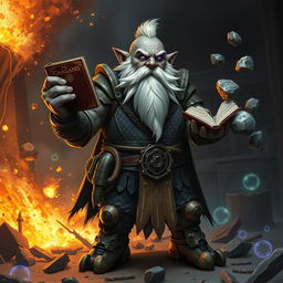 A stout and proud very dark grey-skinned dwarf warrior mage D&D character, characterized by a distinctive white beard resembling rat whiskers and glowing purple eyes
