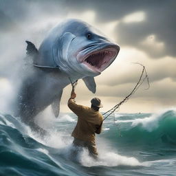 A fisherman in an intense, hyper-realistic struggle with a colossal predatory fish, the hook and line stretching to their limit amidst churning sea