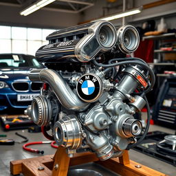 A powerful and sleek BMW V8 engine on display, showcasing its shiny chrome details and intricate mechanics