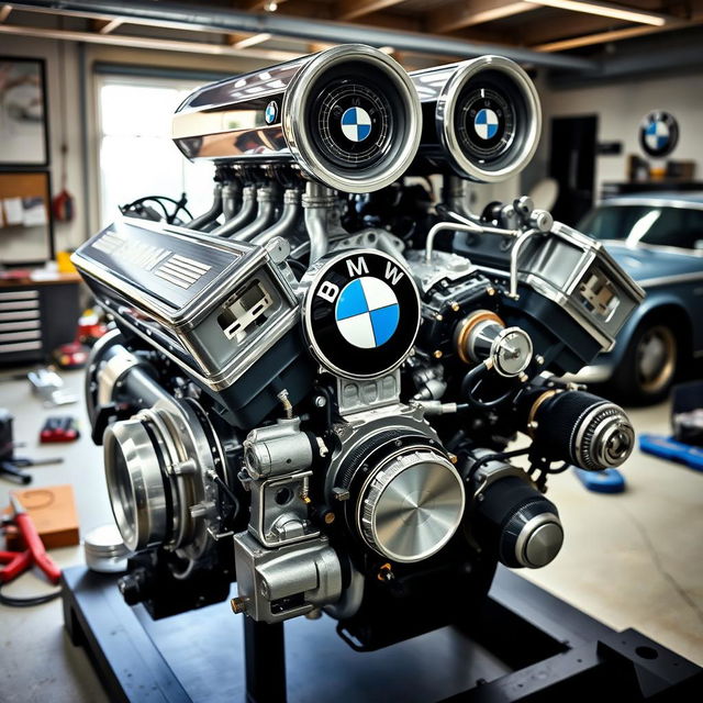 A powerful and sleek BMW V8 engine on display, showcasing its shiny chrome details and intricate mechanics