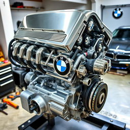 A powerful and sleek BMW V8 engine on display, showcasing its shiny chrome details and intricate mechanics