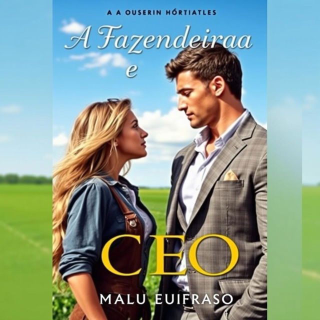 A captivating book cover for a romance between a beautiful 18-year-old female farmer and a handsome, muscular CEO