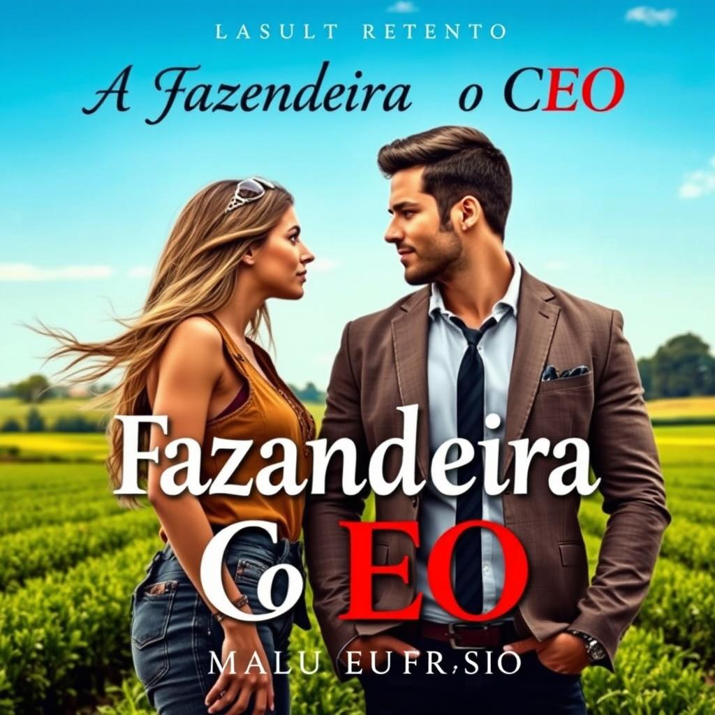 A captivating book cover for a romance between a beautiful 18-year-old female farmer and a handsome, muscular CEO