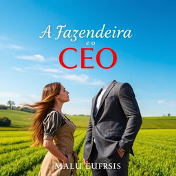 A captivating book cover for a romance between a beautiful 18-year-old female farmer and a handsome, muscular CEO