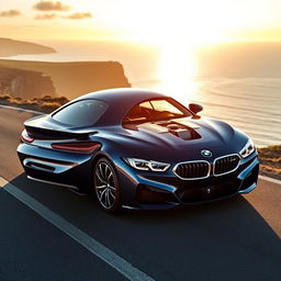 A stunning BMW V8 sports car, dynamically parked on a scenic coastal road