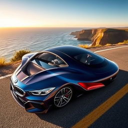 A stunning BMW V8 sports car, dynamically parked on a scenic coastal road