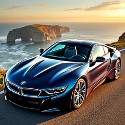 A stunning BMW V8 sports car, dynamically parked on a scenic coastal road