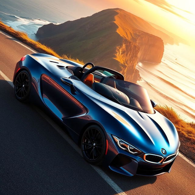 A stunning BMW V8 sports car, dynamically parked on a scenic coastal road