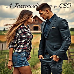 A stunning 18-year-old farmer girl with long flowing hair, wearing a plaid shirt and denim shorts, and a handsome, muscular CEO in a fitted suit, both locked in an intense gaze filled with desire and anger